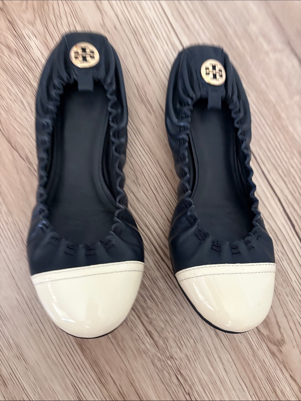 Tory Burch Black Leather Ballet Flats with Cream Patent Cap Toe